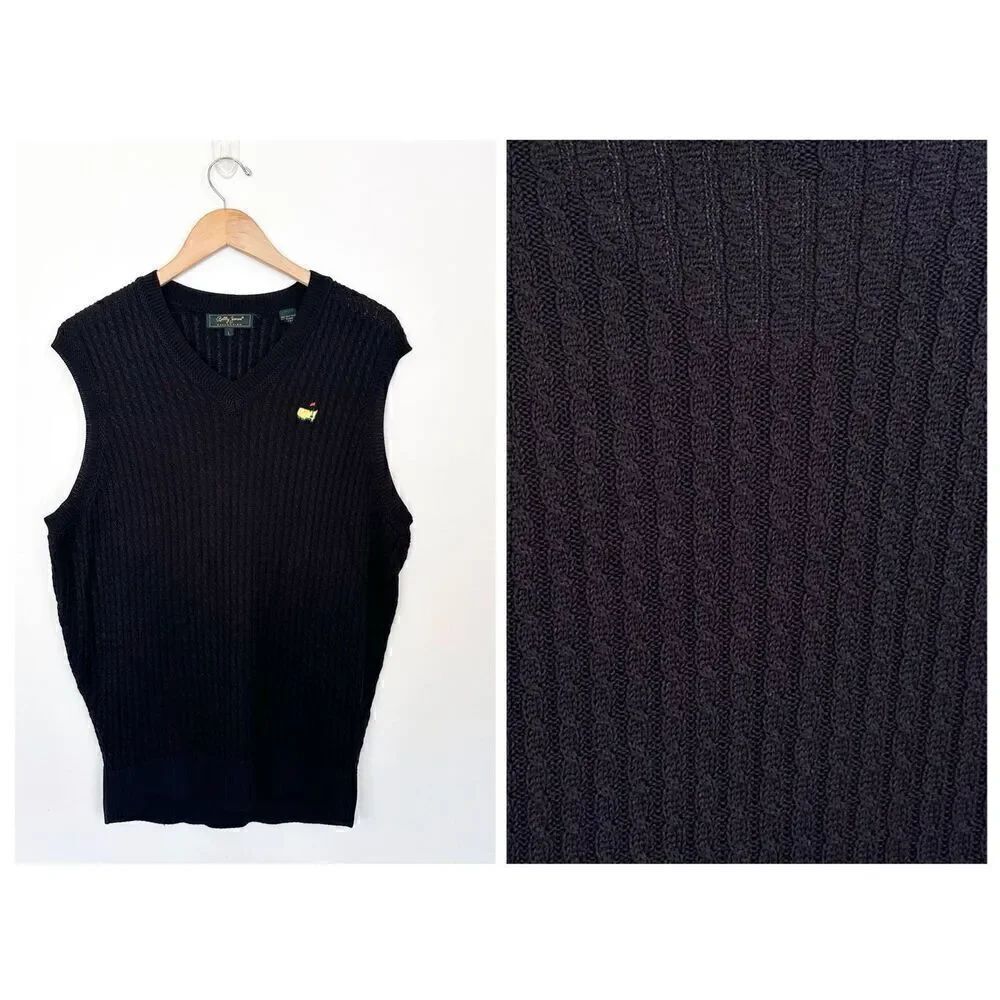 Bobby Jones Collection Masters Embroidered Unisex Black Cable Knit Silk V Neck S